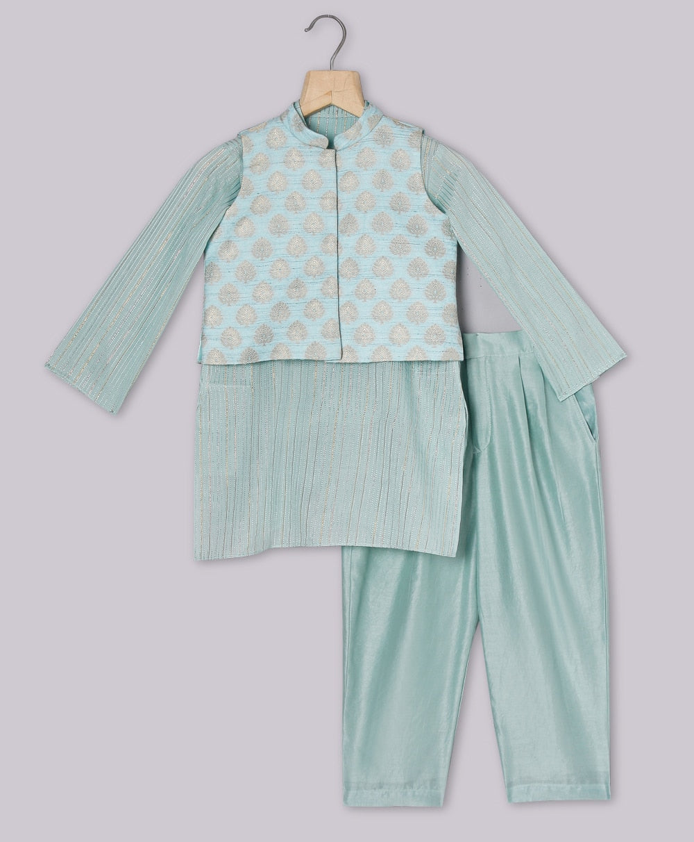 Kurta with Pant & Jacquard Jacket - Green