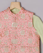Viscose Kurta & Contrast Jacquard Jacket - Green