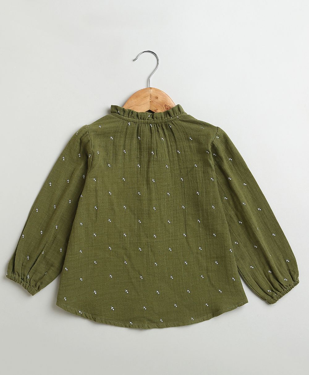All-Over Floral Printed Olive Green Shirt