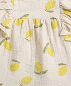 Lemon Print Ruffle Organic Cotton Co-ord Set - Beige