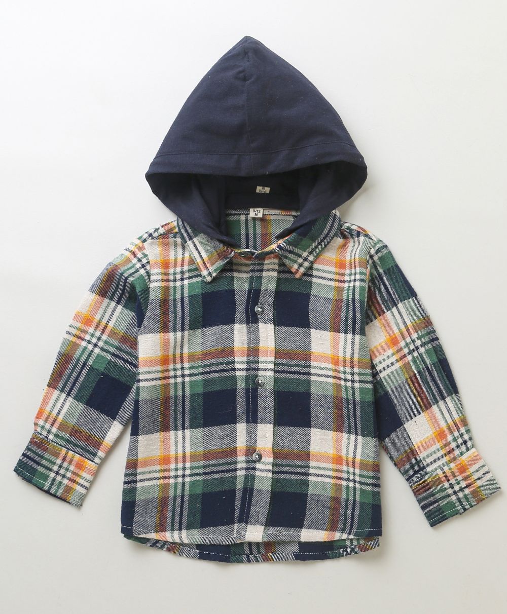 Checks Cotton Flannel Hoodie Long Sleeve Shirt Detachable Hoodie - Multicoloured