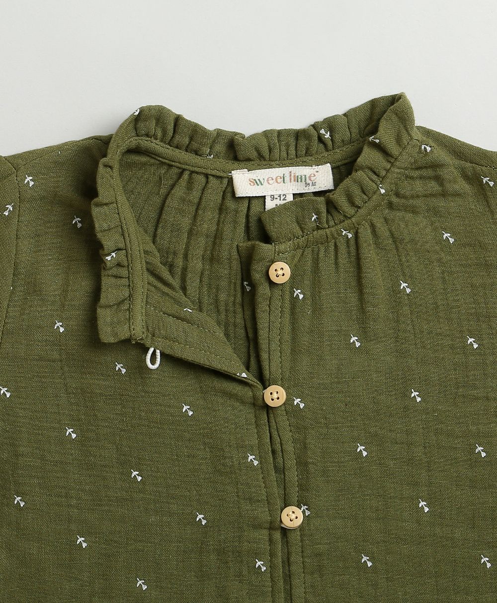 All-Over Floral Printed Olive Green Shirt