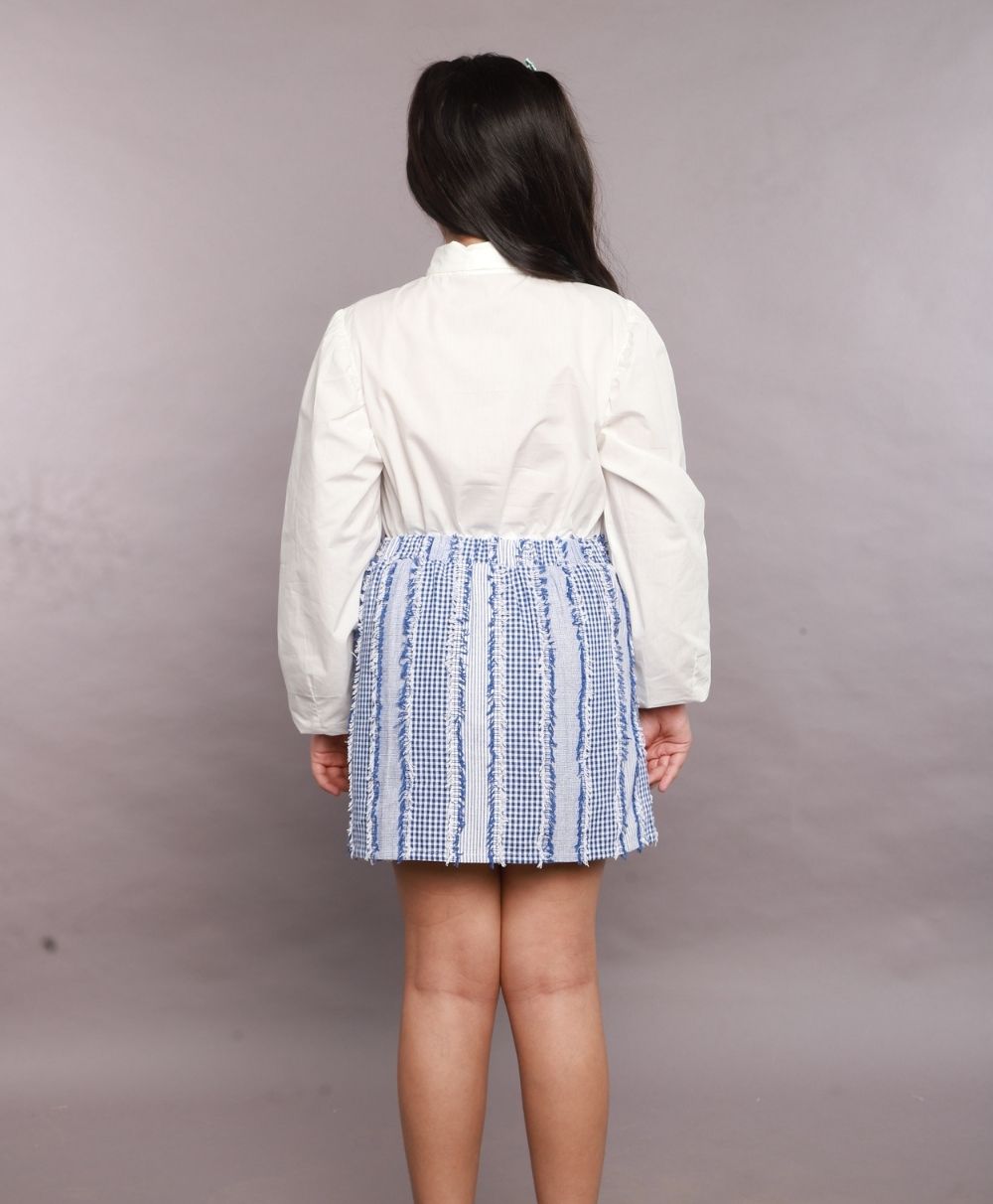 Stylish Poplin Shirt & Cotton Jacquard Skirt Co-ord Set - White & Blue