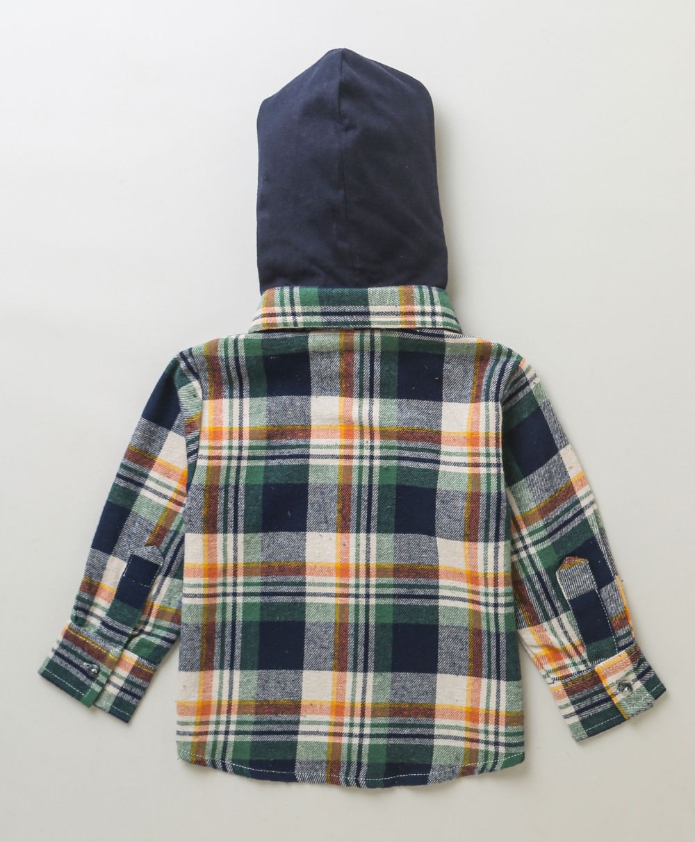 Checks Cotton Flannel Hoodie Long Sleeve Shirt Detachable Hoodie - Multicoloured