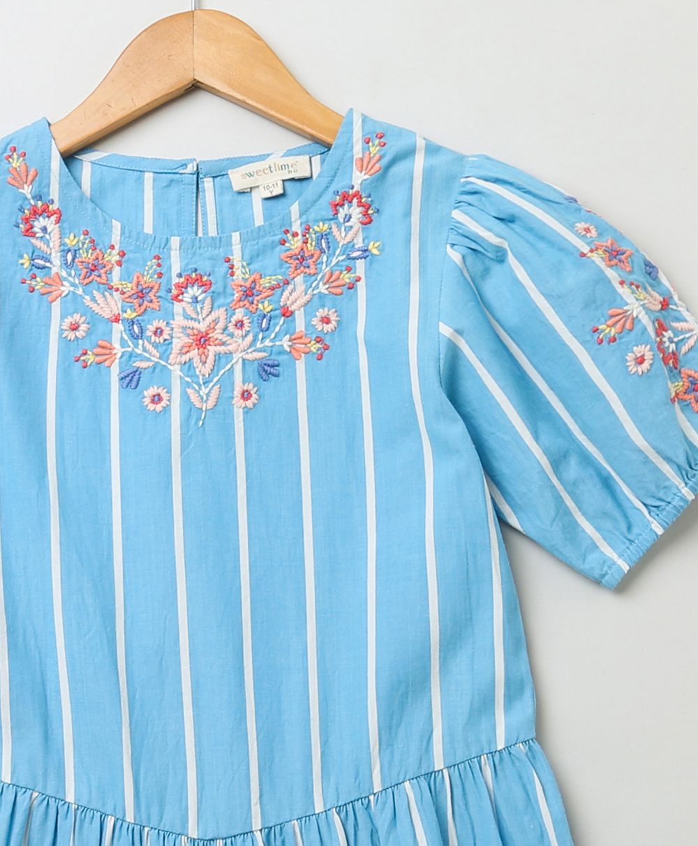 Balloon Sleeved Embroidered Dress - Blue