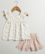 Pumpkin & Floral Print Ruffle Organic Cotton Co-ord Set - Off-White & Peach