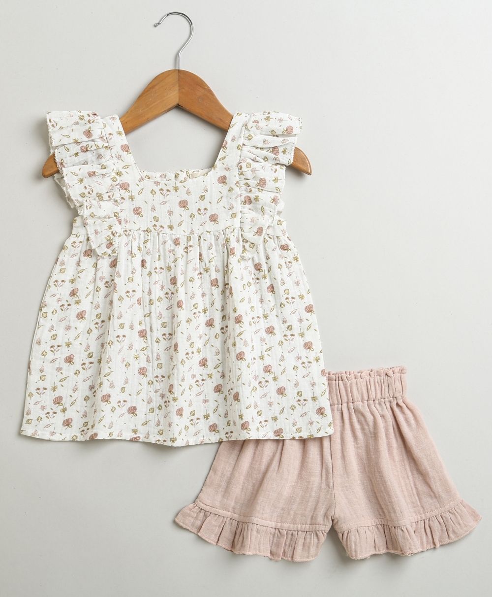 Pumpkin & Floral Print Ruffle Organic Cotton Co-ord Set - Off-White & Peach