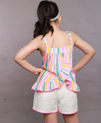 Neon Striped Heart Embroidery Top & Linen Shorts Coord Set - Multicoloured & White