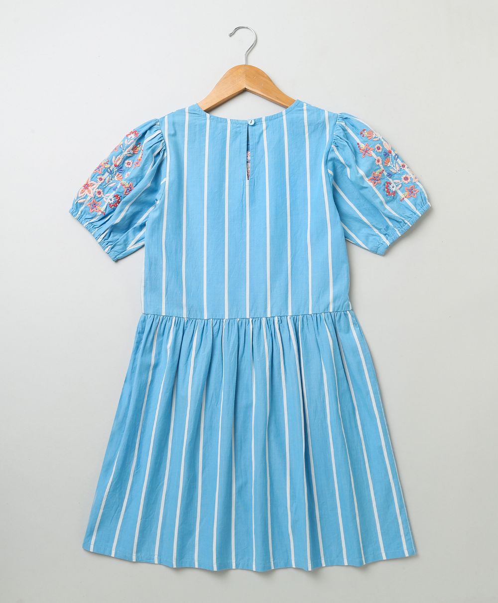 Balloon Sleeved Embroidered Dress - Blue
