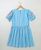 Balloon Sleeved Embroidered Dress - Blue