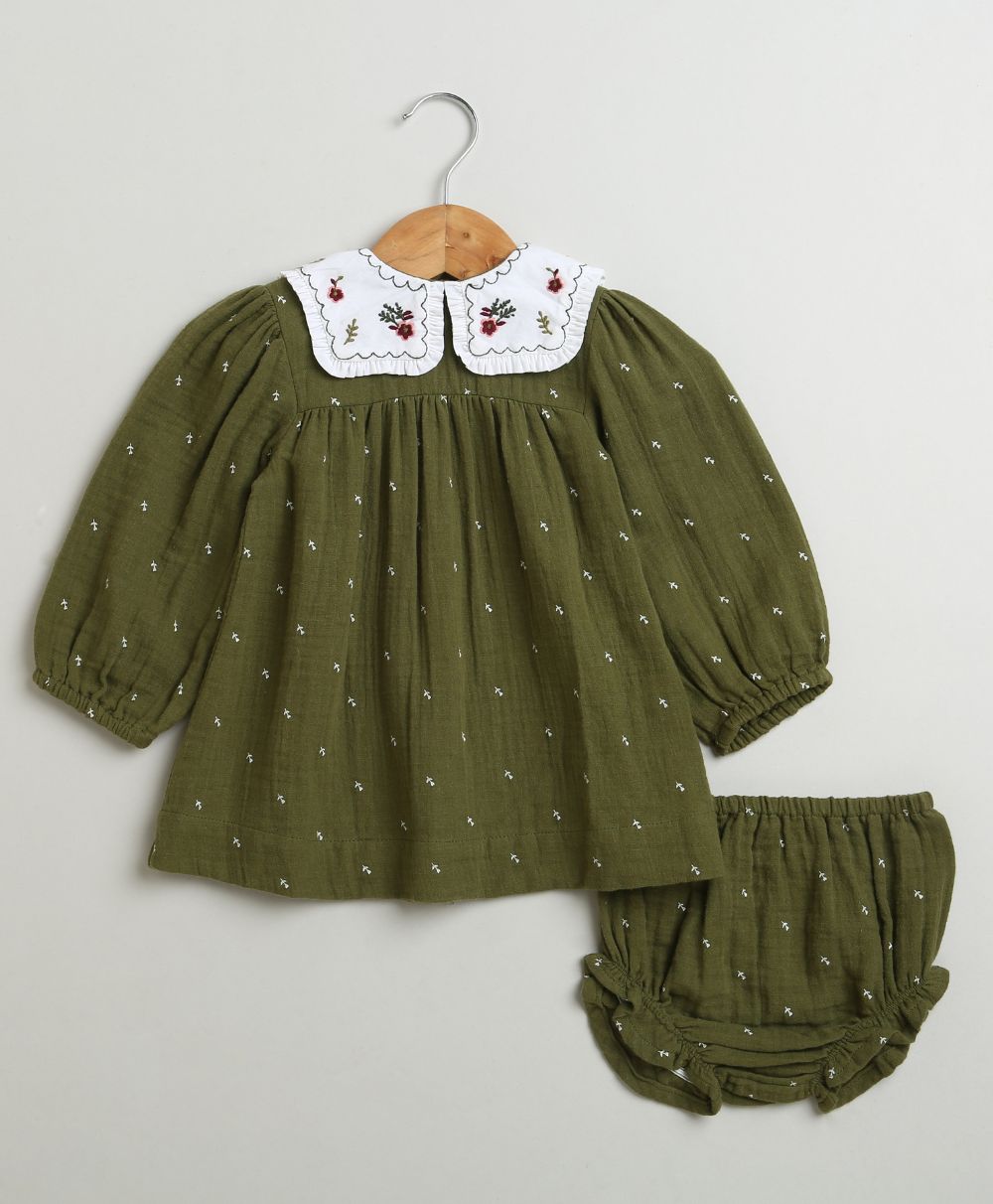 Peter Pan Collar Olive Green Cotton Dress with a Matching Bloomer - Olive Green