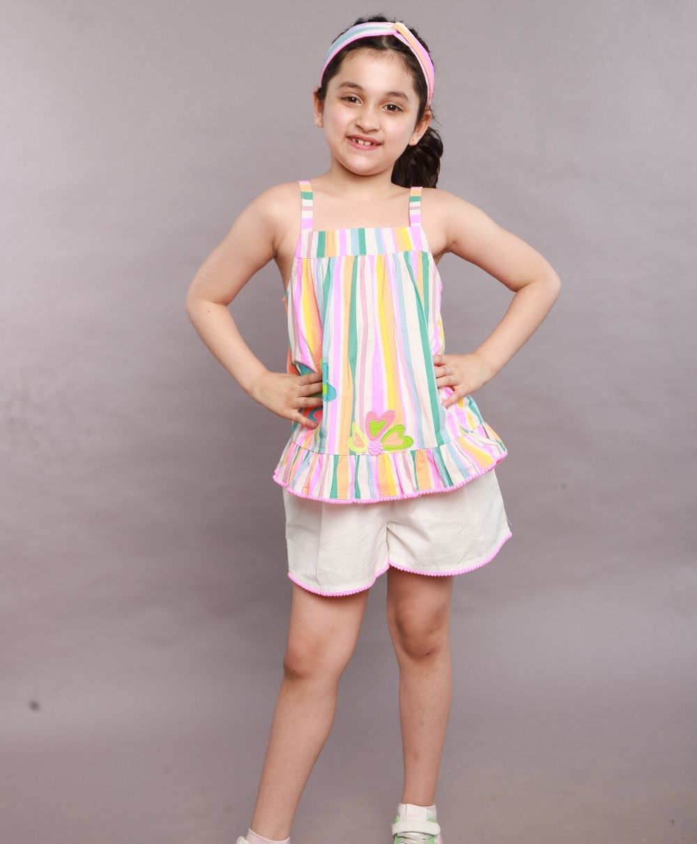 Neon Striped Heart Embroidery Top & Linen Shorts Coord Set - Multicoloured & White