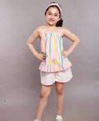 Neon Striped Heart Embroidery Top & Linen Shorts Coord Set - Multicoloured & White