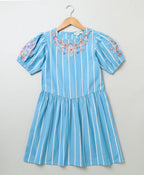 Balloon Sleeved Embroidered Dress - Blue