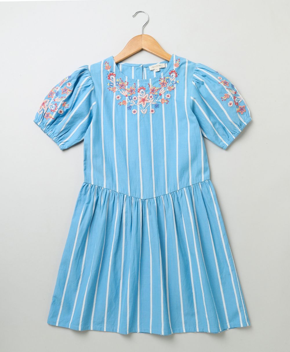 Balloon Sleeved Embroidered Dress - Blue