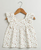 Pumpkin & Floral Print Ruffle Organic Cotton Co-ord Set - Off-White & Peach