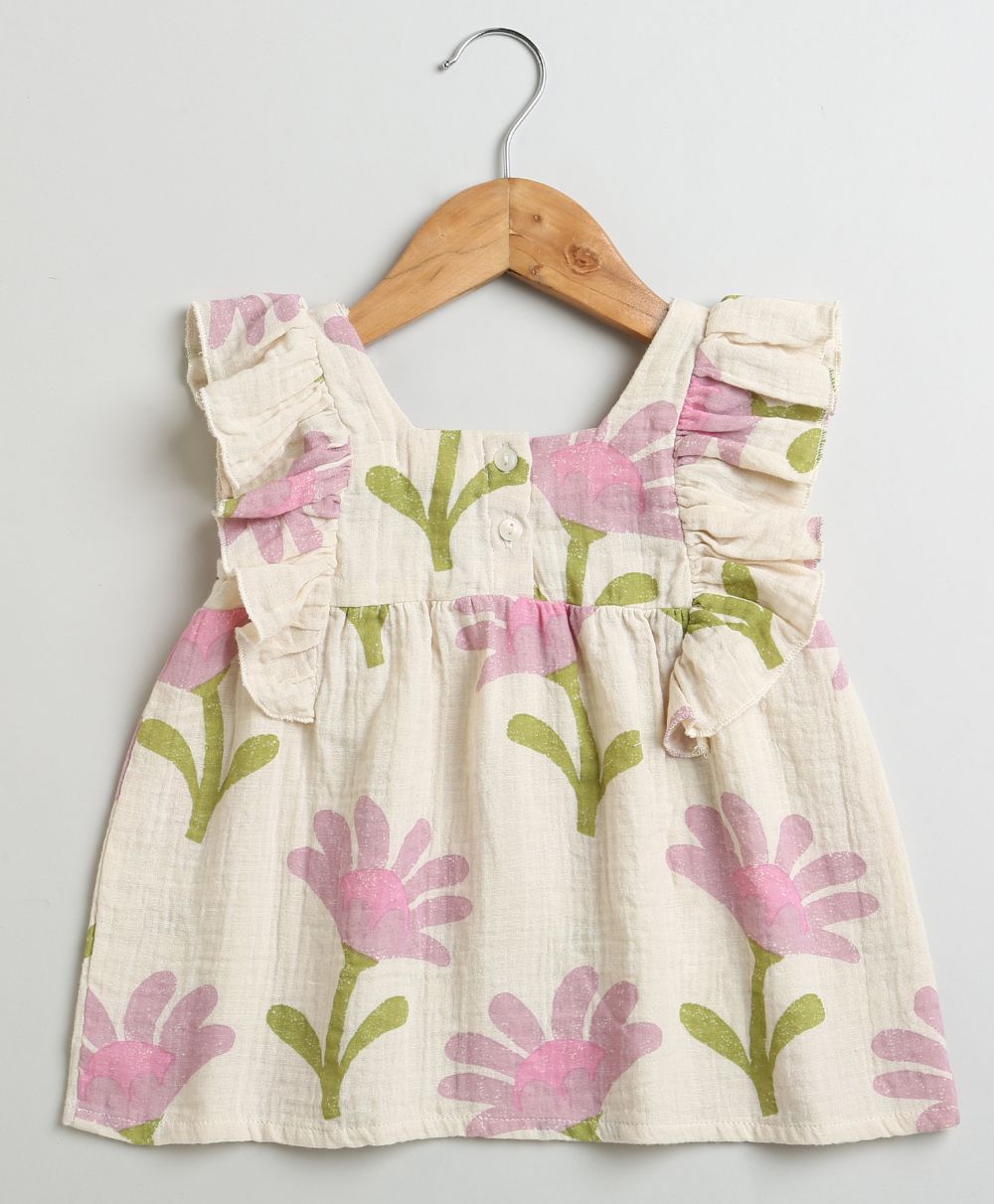 Daisy Print Ruffle Organic Cotton Co-ord Set - Beige