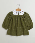 Peter Pan Collar Olive Green Cotton Dress with a Matching Bloomer - Olive Green