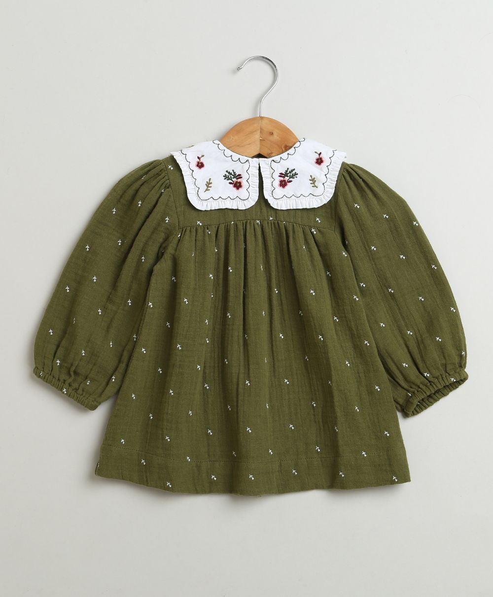 Peter Pan Collar Olive Green Cotton Dress with a Matching Bloomer - Olive Green