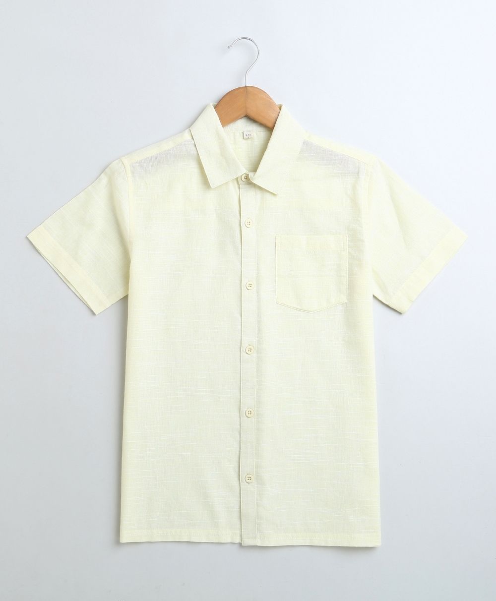 Solid Short Sleeves Cotton Linen Shirt - Yellow