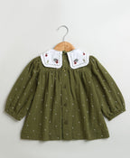 Peter Pan Collar Olive Green Cotton Dress with a Matching Bloomer - Olive Green