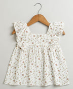 Pumpkin & Floral Print Ruffle Organic Cotton Co-ord Set - Off-White & Peach
