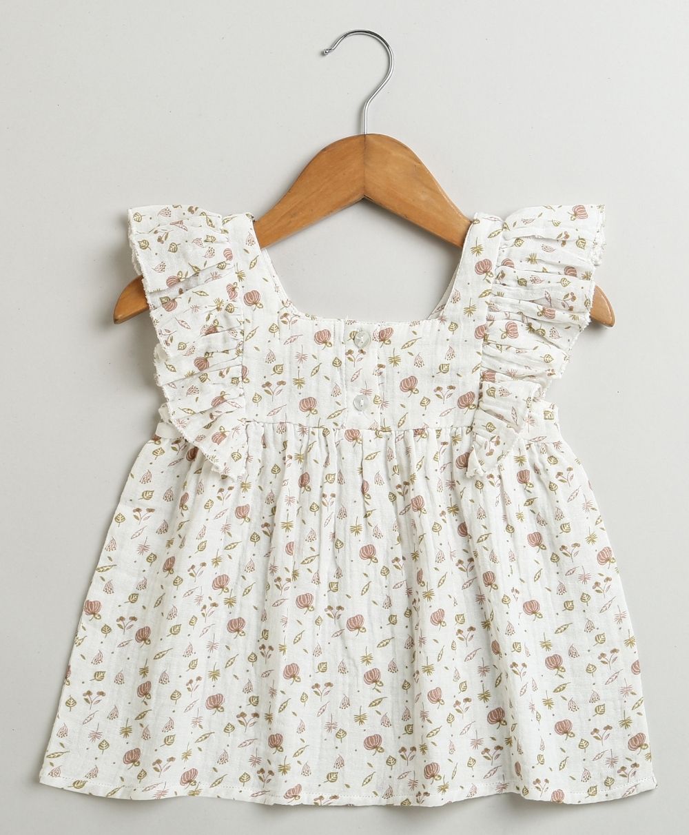 Pumpkin & Floral Print Ruffle Organic Cotton Co-ord Set - Off-White & Peach