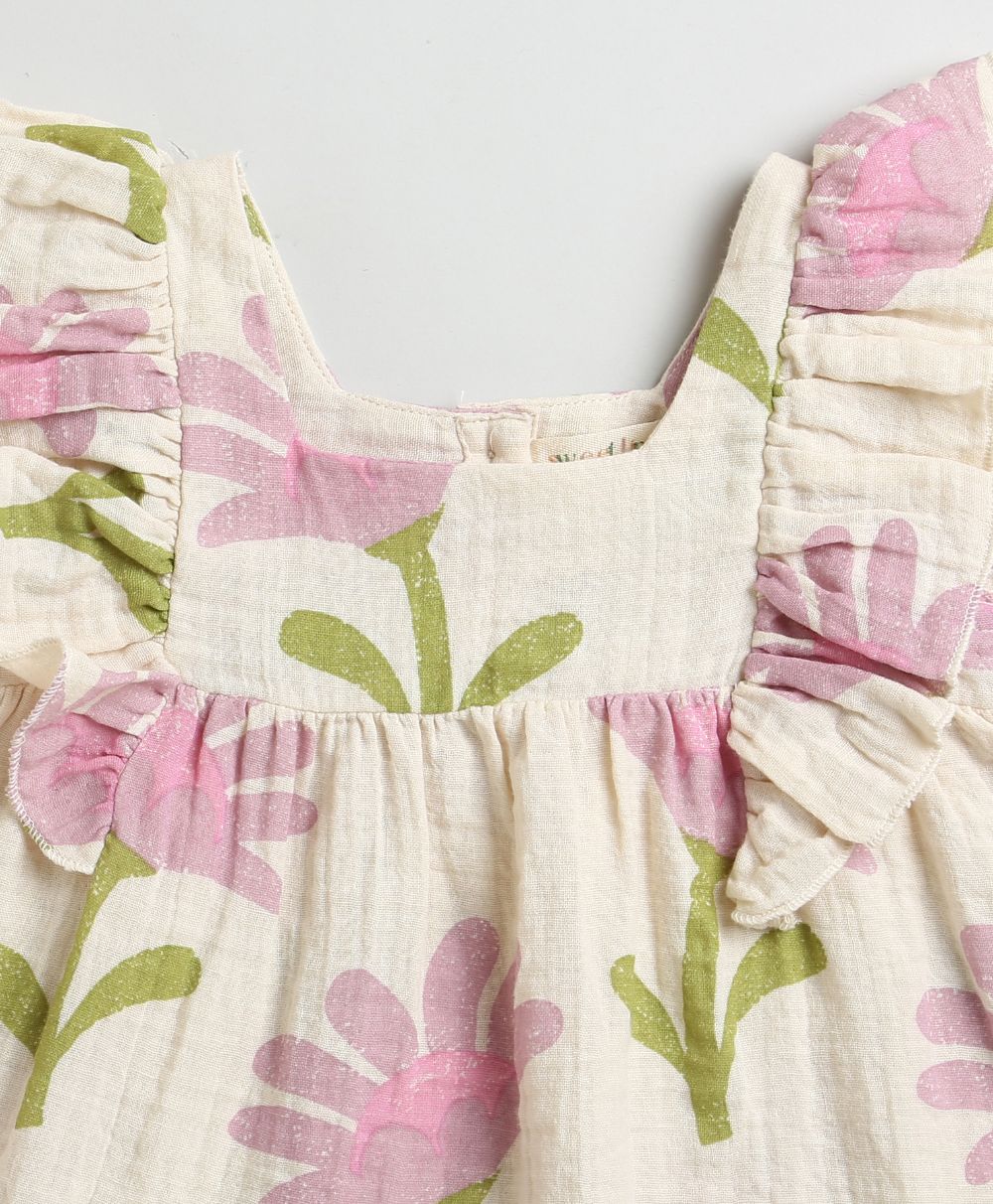 Daisy Print Ruffle Organic Cotton Co-ord Set - Beige