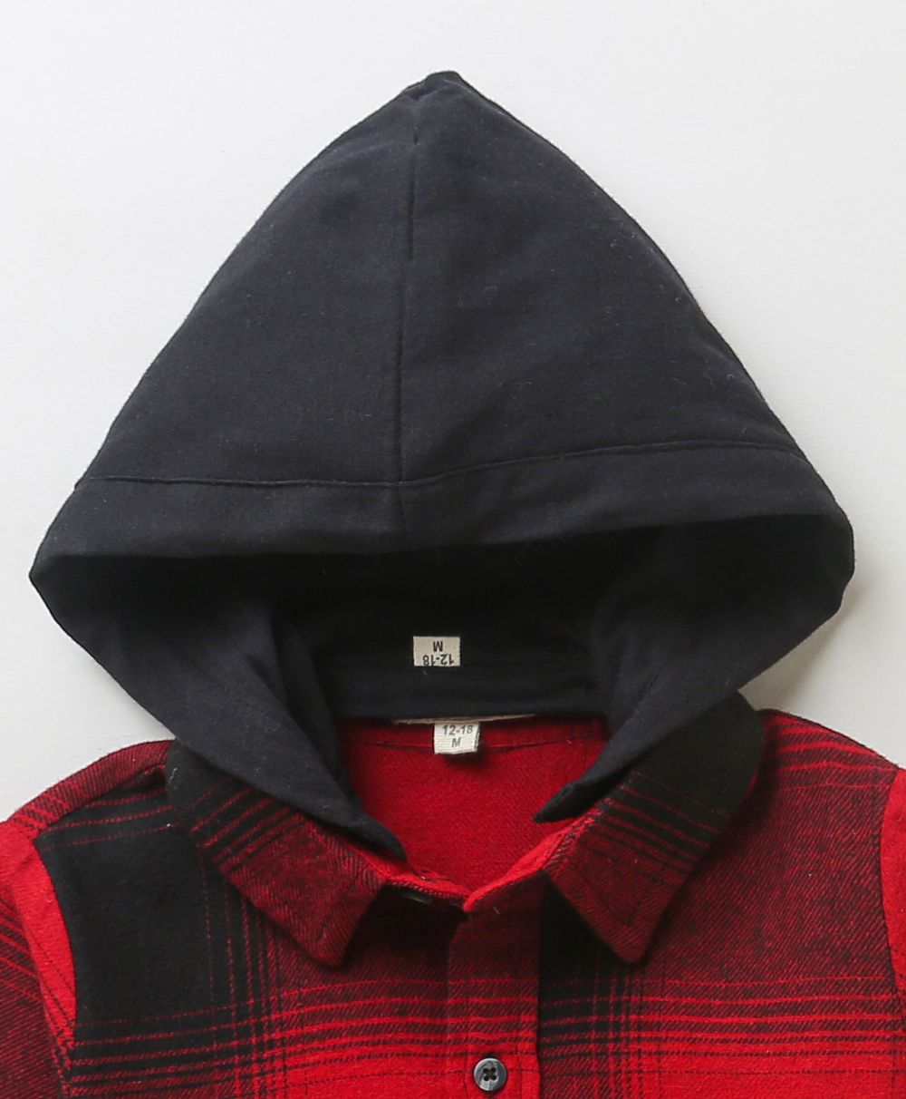 Sweetlime By As Checks Cotton Flannel Hoodie Long Sleeve Shirt detachable hoodie - Red & Black