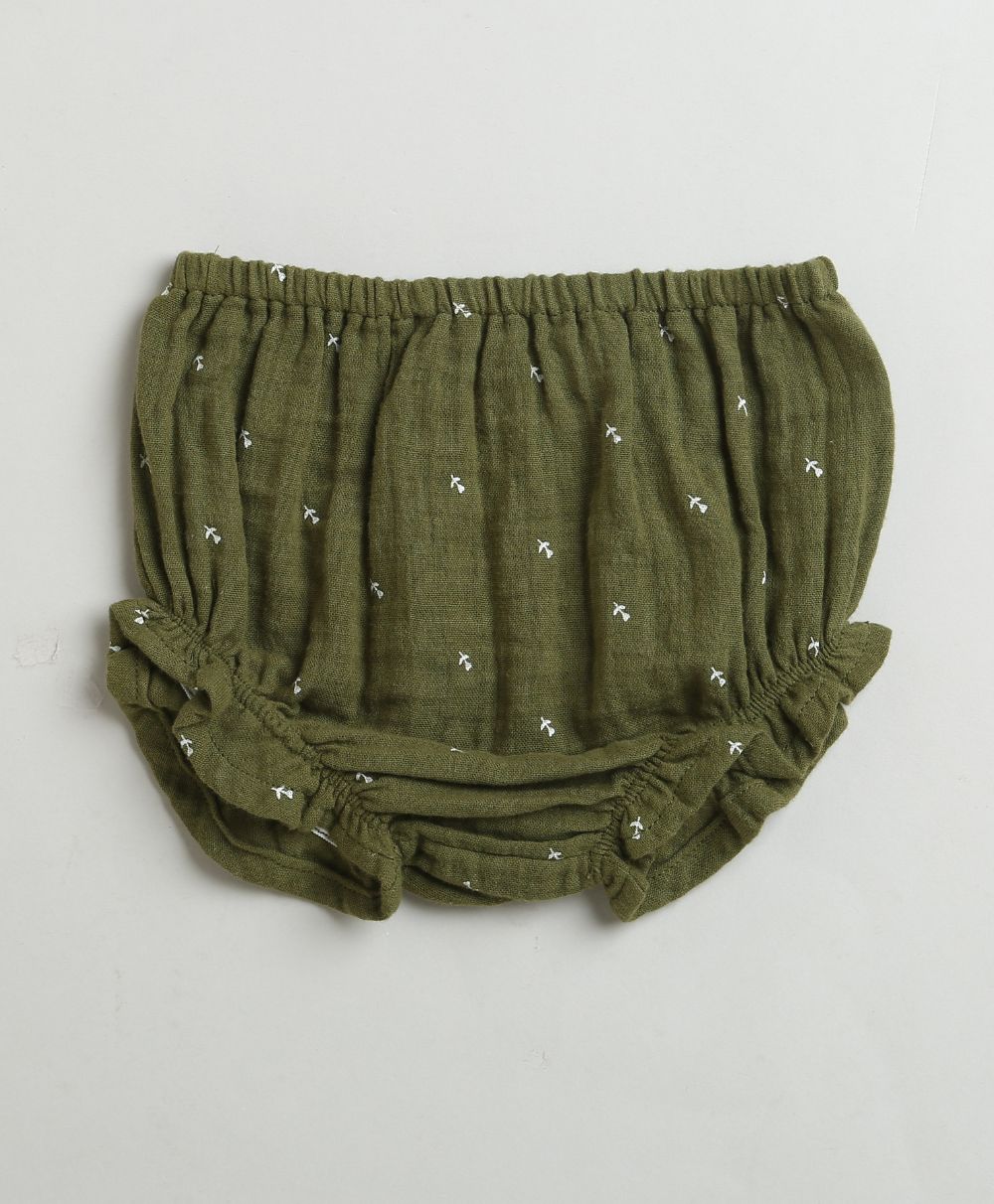 Peter Pan Collar Olive Green Cotton Dress with a Matching Bloomer - Olive Green