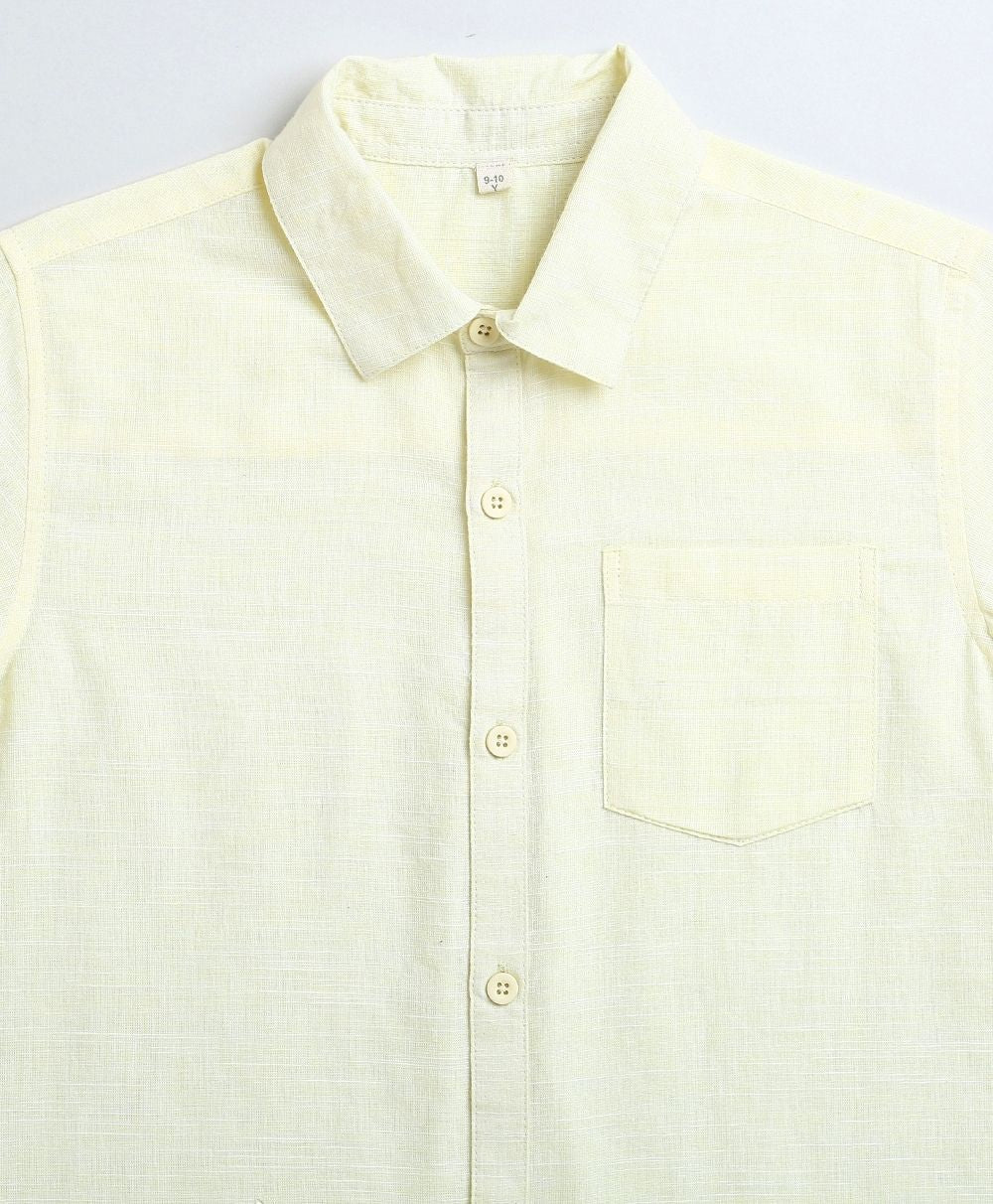 Solid Short Sleeves Cotton Linen Shirt - Yellow