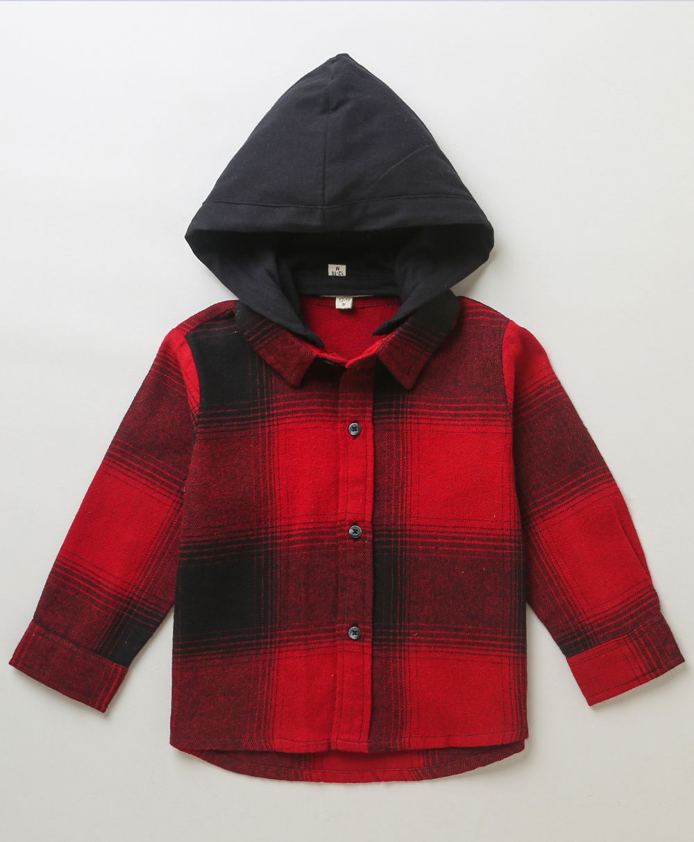 Sweetlime By As Checks Cotton Flannel Hoodie Long Sleeve Shirt detachable hoodie - Red & Black