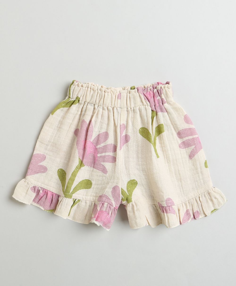 Daisy Print Ruffle Organic Cotton Co-ord Set - Beige