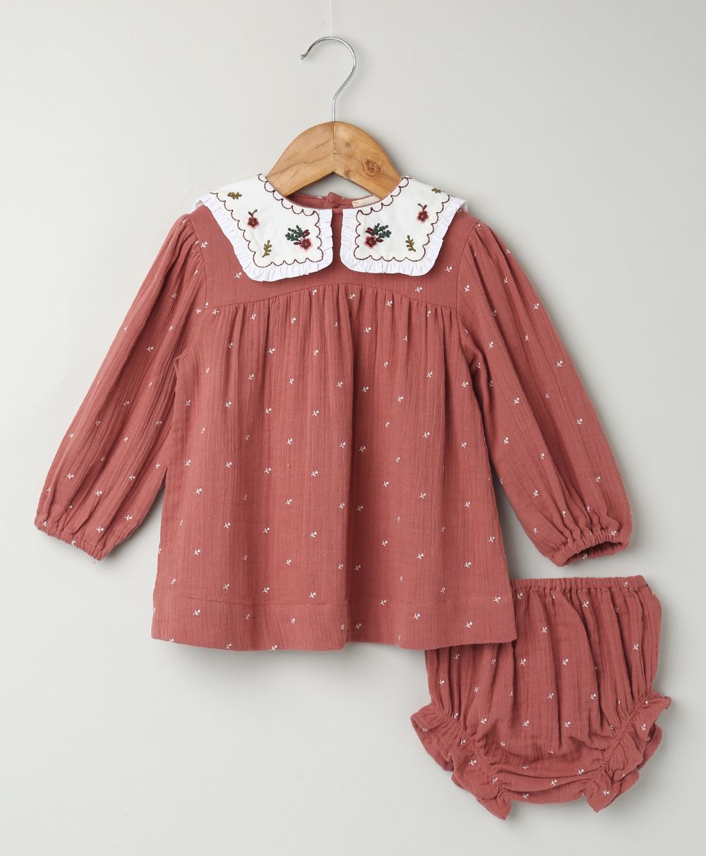 Peter Pan Collar Cotton Dress & Bloomer Co-ord Set - Brown