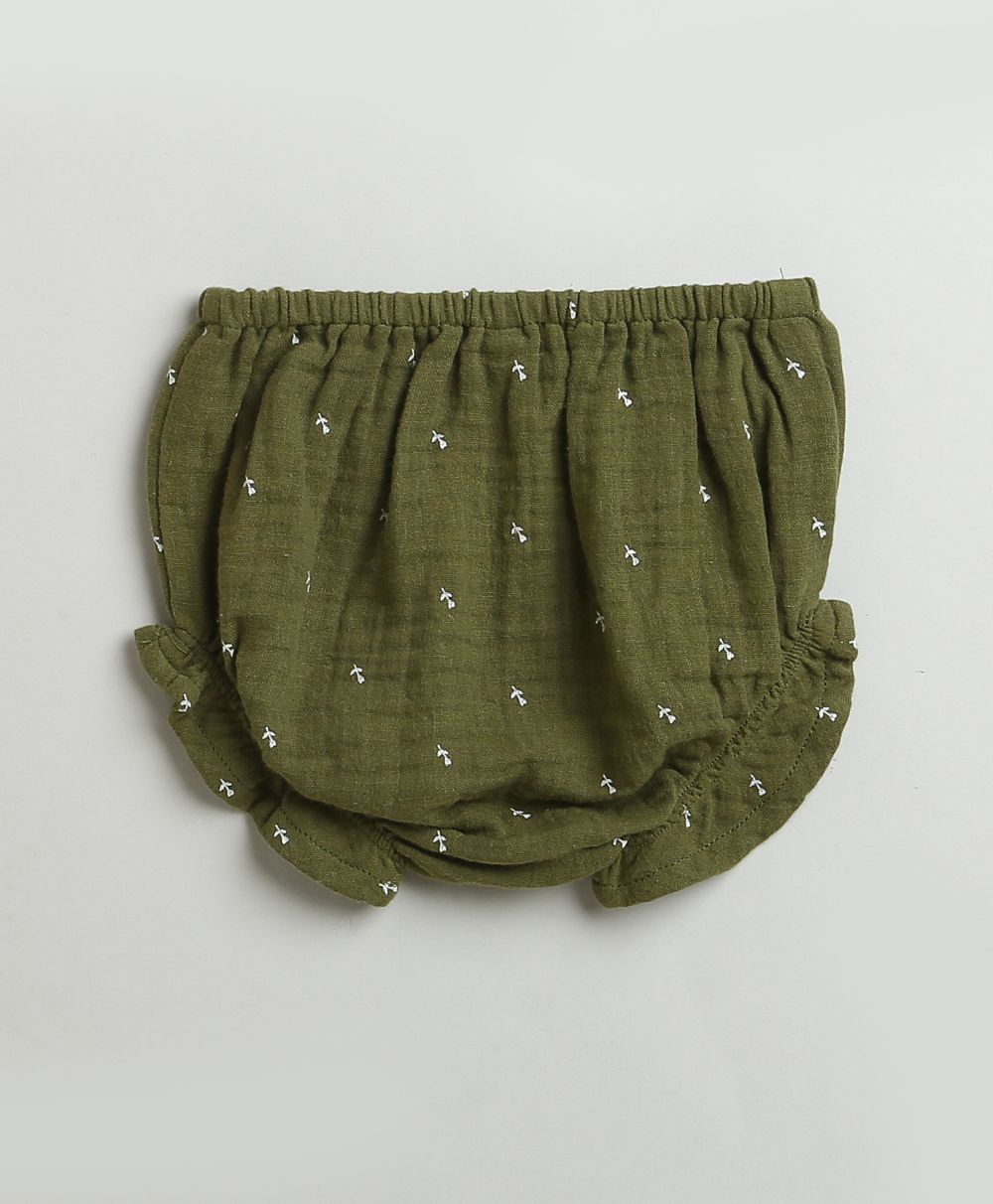 Peter Pan Collar Olive Green Cotton Dress with a Matching Bloomer - Olive Green