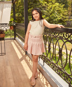 Stylish Solid Viscose Top & a Cotton Tweed Jacquard Skirt Set - White & Pink