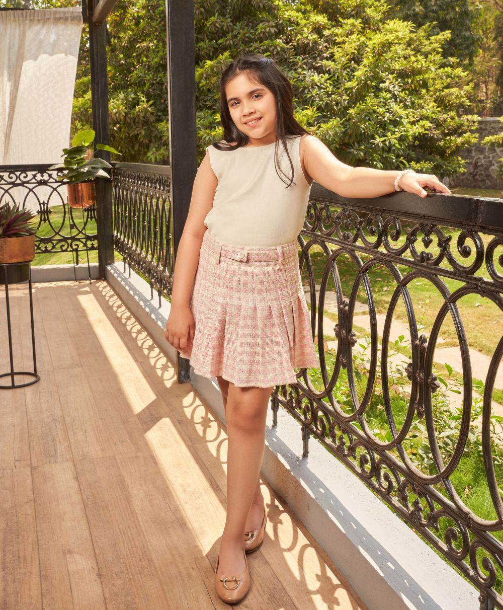 Stylish Solid Viscose Top & a Cotton Tweed Jacquard Skirt Set - White & Pink