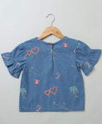 Cotton Denim Blouse with Palm Tree and  Neon Heart Embroidery - Blue