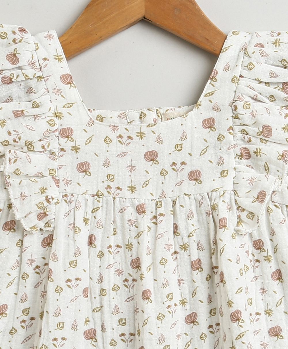 Pumpkin & Floral Print Ruffle Organic Cotton Co-ord Set - Off-White & Peach