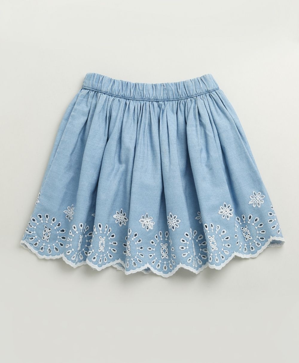 Honey Heart Ruffle Cotton T-shirt & Schiffly Embroidery Denim Skirt Set - Lemon Yellow & Blue