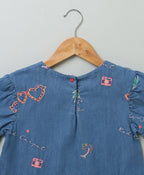 Cotton Denim Blouse with Palm Tree and  Neon Heart Embroidery - Blue