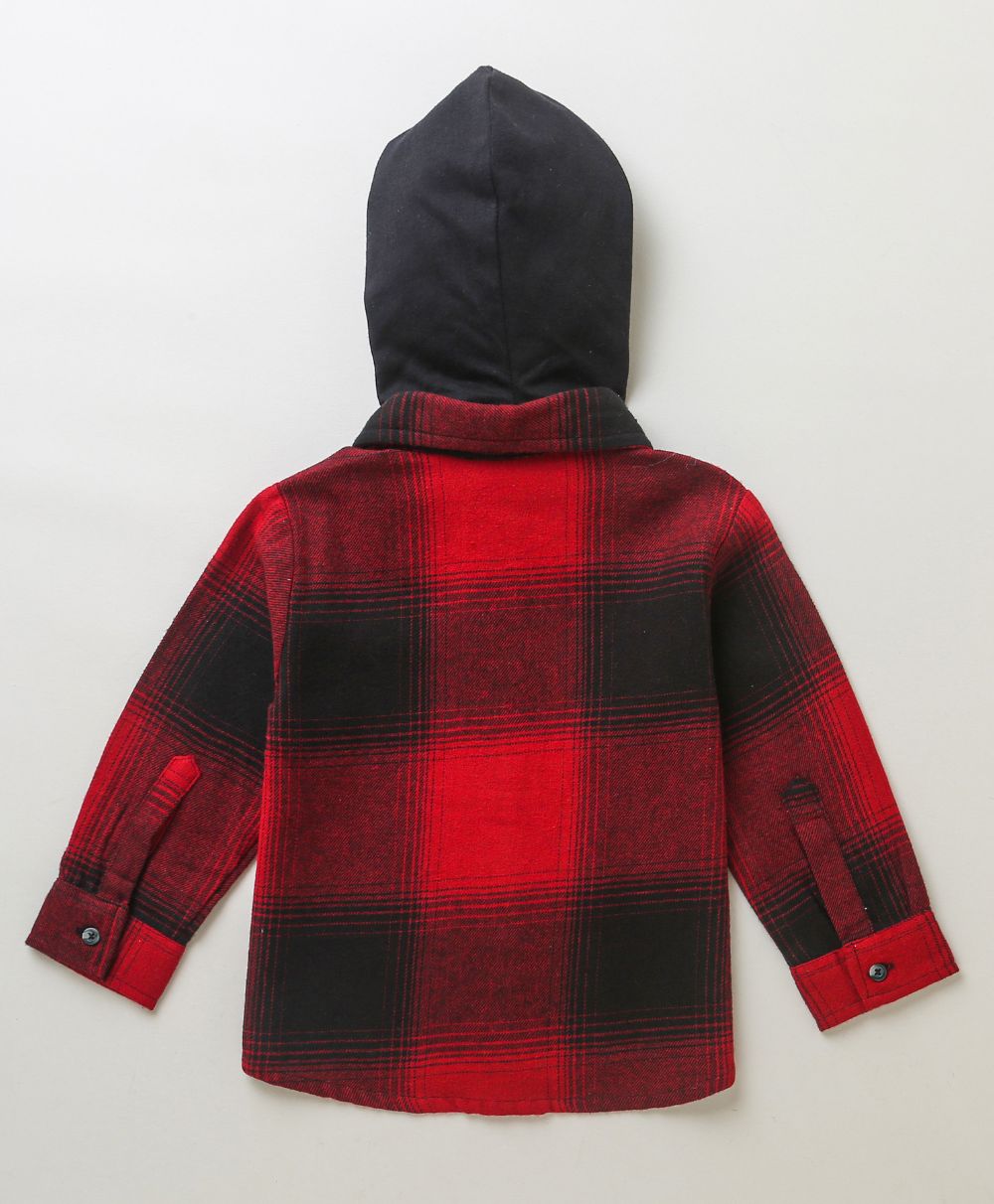 Sweetlime By As Checks Cotton Flannel Hoodie Long Sleeve Shirt detachable hoodie - Red & Black