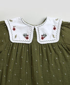 Peter Pan Collar Olive Green Cotton Dress with a Matching Bloomer - Olive Green