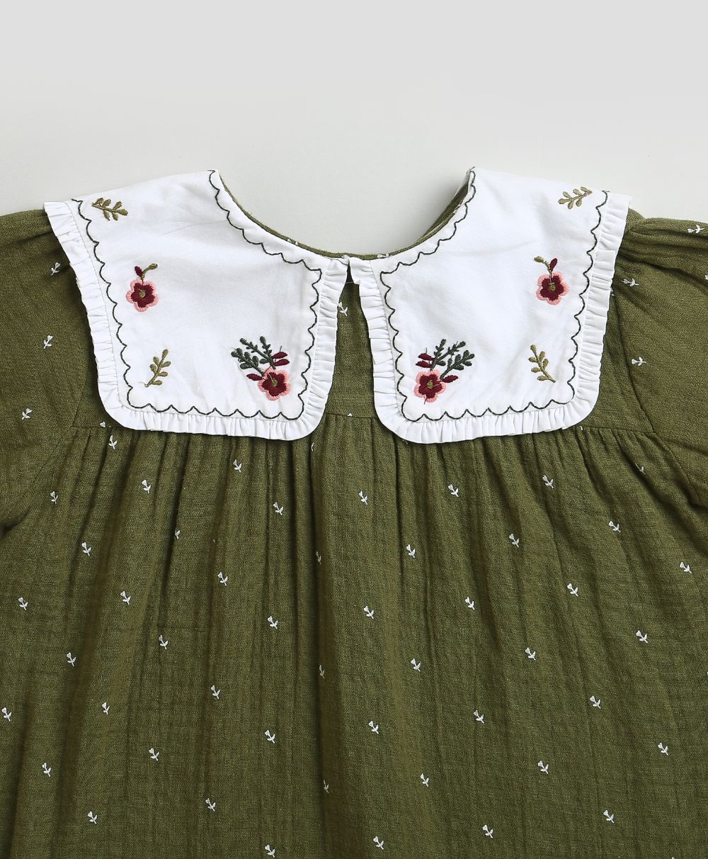 Peter Pan Collar Olive Green Cotton Dress with a Matching Bloomer - Olive Green