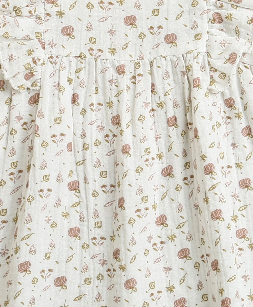 Pumpkin & Floral Print Ruffle Organic Cotton Co-ord Set - Off-White & Peach