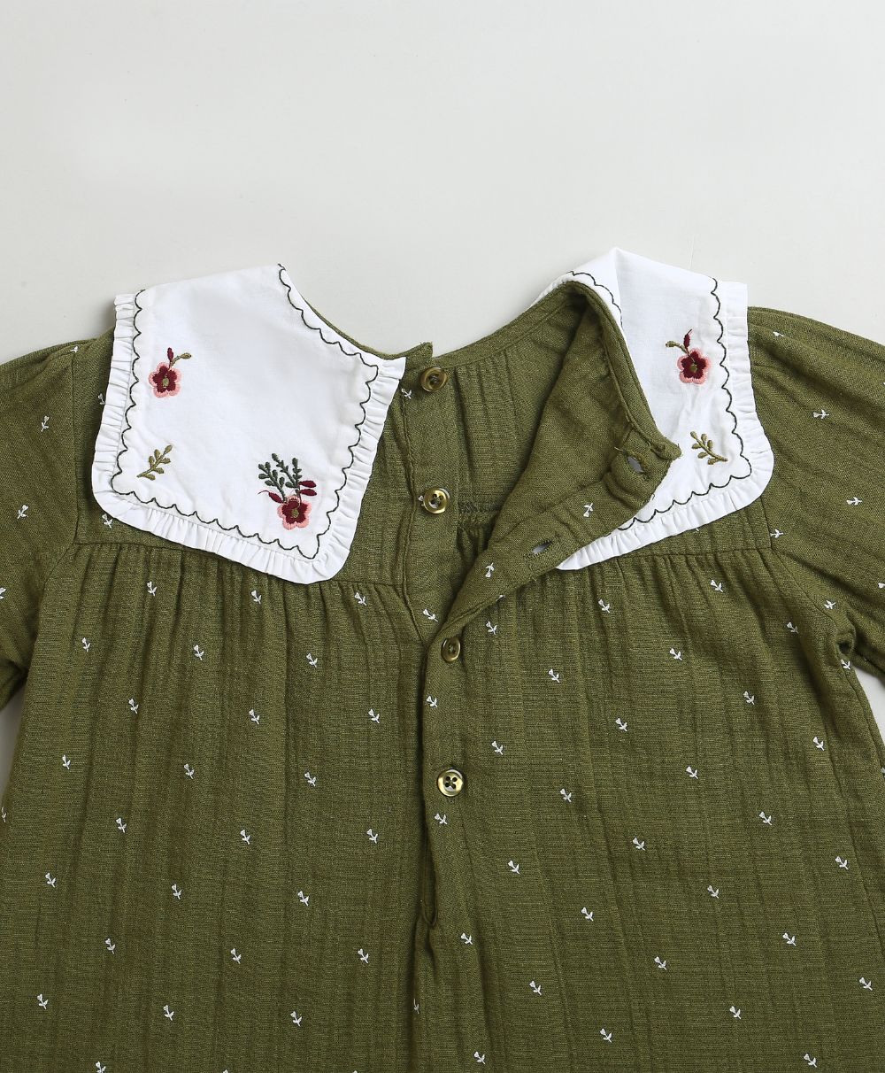 Peter Pan Collar Olive Green Cotton Dress with a Matching Bloomer - Olive Green