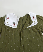 Peter Pan Collar Olive Green Cotton Dress with a Matching Bloomer - Olive Green