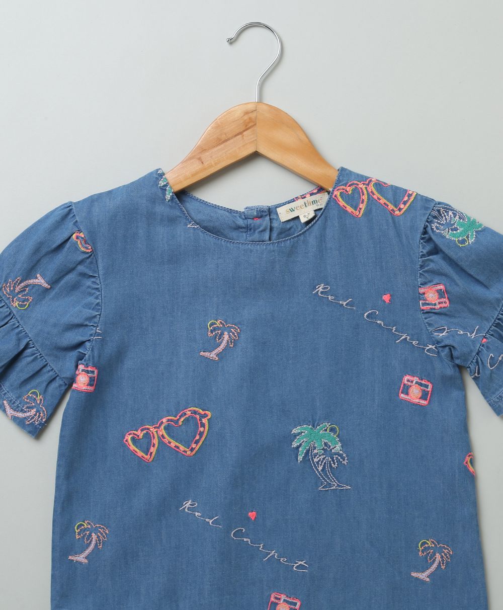 Cotton Denim Blouse with Palm Tree and  Neon Heart Embroidery - Blue