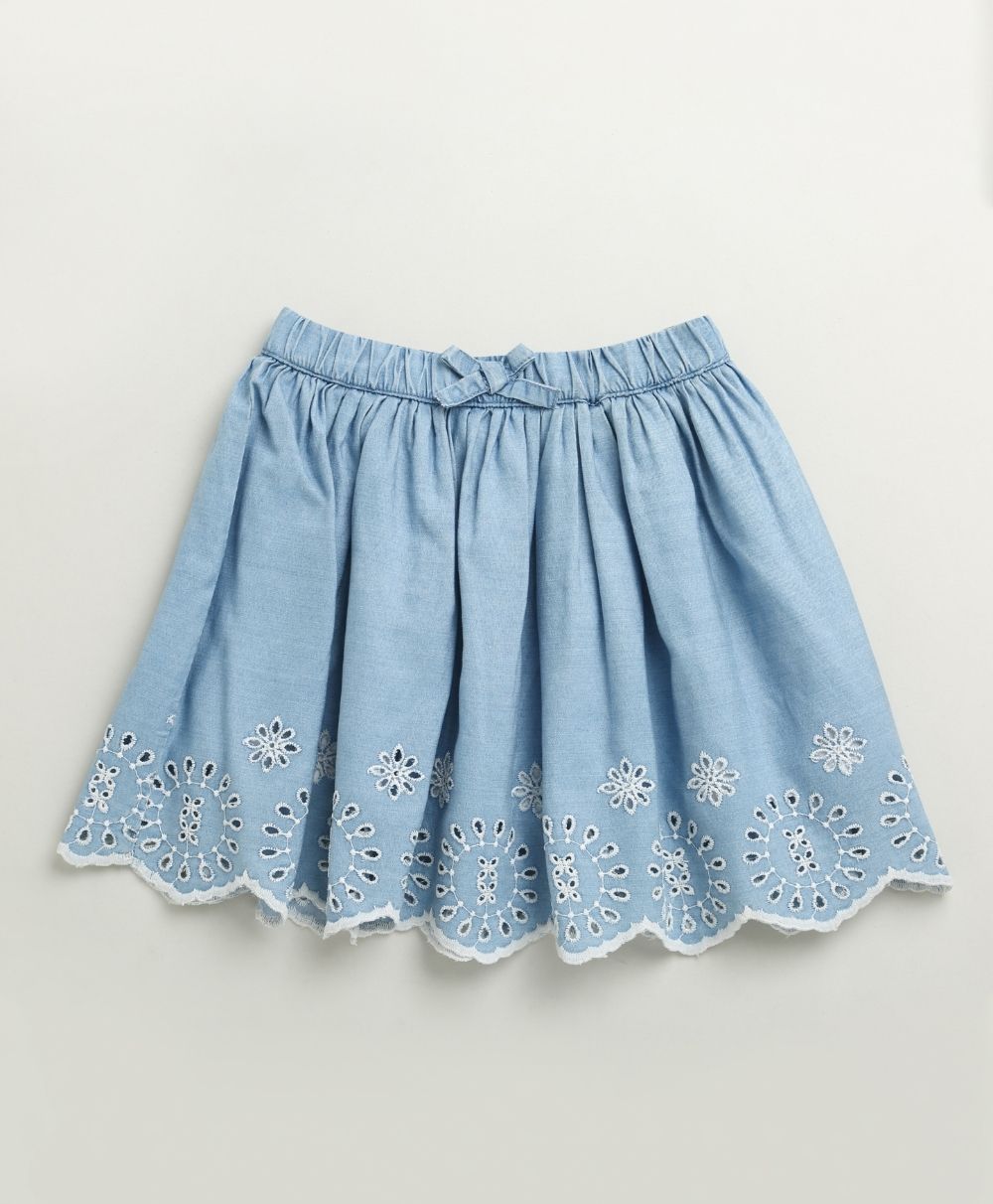 Honey Heart Ruffle Cotton T-shirt & Schiffly Embroidery Denim Skirt Set - Lemon Yellow & Blue