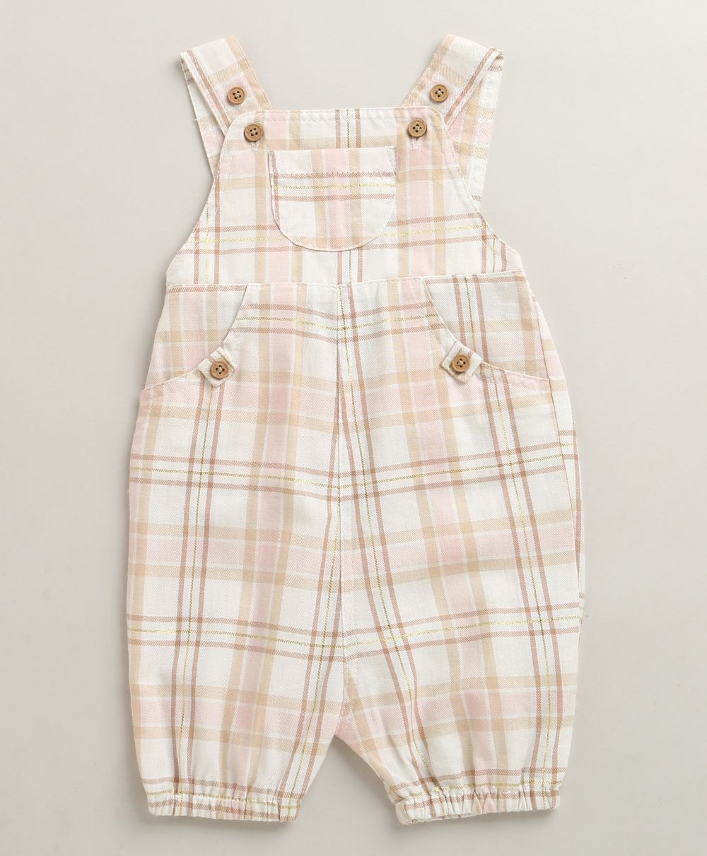 The Little Farmhouse Plaid Organic Cotton Romper & White T-shirt Set - Pink & Beige